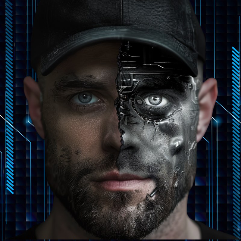 CJ Tuttle — half-human, half-AI brand portrait